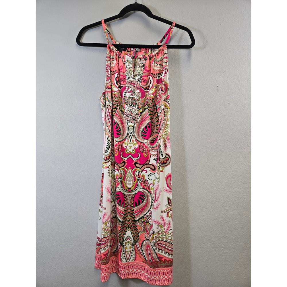 INC International Concepts Paisley Sequin Embellished Halter Shift Dress L